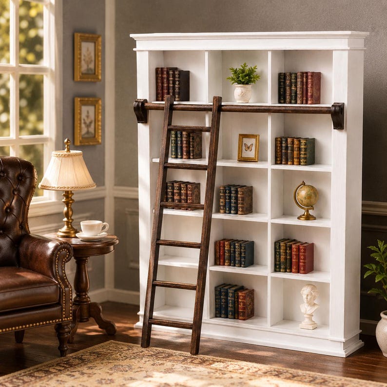 May include: A tall white wooden bookcase with five shelves divided into three vertical sections. A dark brown wooden rolling ladder is attached to a horizontal rail across the front. The shelves contain various books, a small plant, a globe, and a bust.