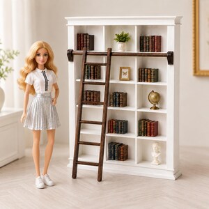 May include: A blonde doll wearing a white short-sleeved shirt and a metallic silver pleated skirt stands beside a tall white wooden bookshelf. The bookshelf features a dark brown sliding ladder, multiple shelves filled with miniature books, a small potted plant, a framed picture, a globe, and a white bust.