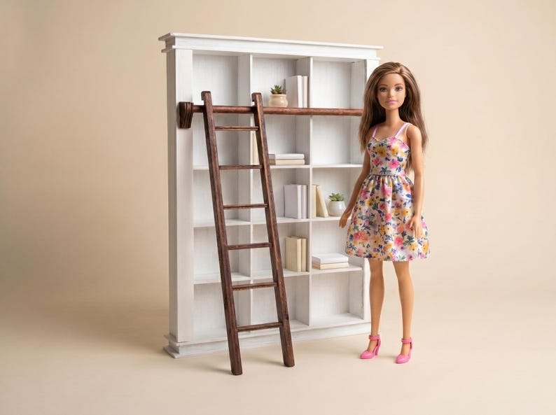 May include: A doll with long brown hair wearing a floral print dress and pink heels stands next to a white wooden bookshelf. The bookshelf features multiple square compartments containing small books and potted plants, with a dark brown ladder.