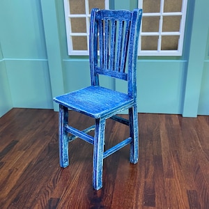 Rustic Blue and White 1:6 Scale Shabby Chic Miniature Chair - Vintage Dollhouse Furniture Decor