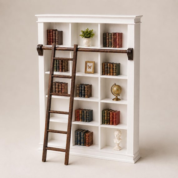 1:6 Scale Dollhouse Library Bookcase with Ladder, Painted White Miniature Bookshelf