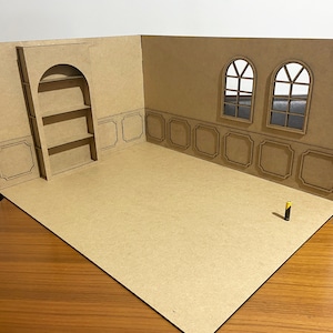 Very Large  Roombox - 2 walls - 1:6 Doll corner dollhouse room, room for dolls, Roombox kit, Cabinet with shelves and wall with decoration