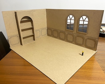 Very Large  Roombox - 2 walls - 1:6 Doll corner dollhouse room, room for dolls, Roombox kit, Cabinet with shelves and wall with decoration