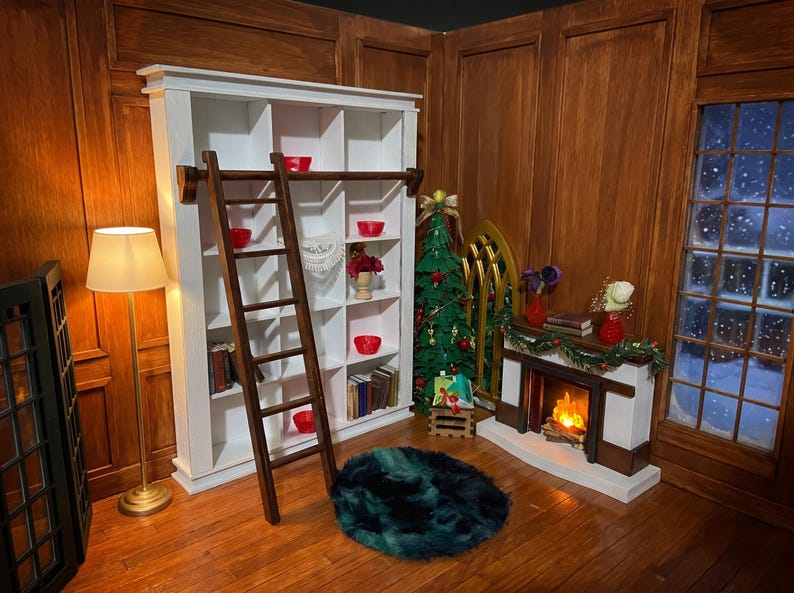 1:6 Scale Dollhouse Library Bookcase with Ladder, Painted White Miniature Bookshelf image 8