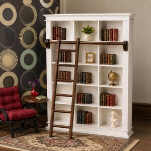 May include: A white wooden dollhouse bookcase featuring multiple shelves filled with miniature books, a small potted plant, a framed picture, a globe, and a bust. A dark brown wooden rolling ladder is attached to a rail across the front of the unit.