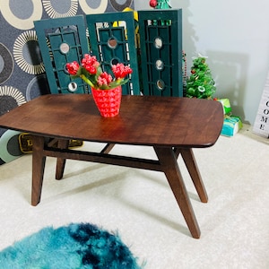 Miniature modern walnut Lifydoll dining table. Miniature 1:6 scale for dollhouse lovers and collectors. Dollhouse furniture for doll