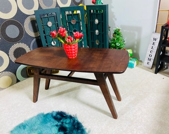 Miniature modern walnut Lifydoll dining table. Miniature 1:6 scale for dollhouse lovers and collectors. Dollhouse furniture for doll