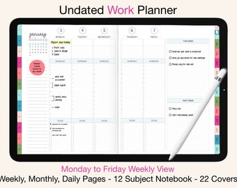Undated Digital Work Planner | Weekly View, Monday to Friday Focus | Goodnotes, iPad, Notability, etc | Happy Hobo Colors