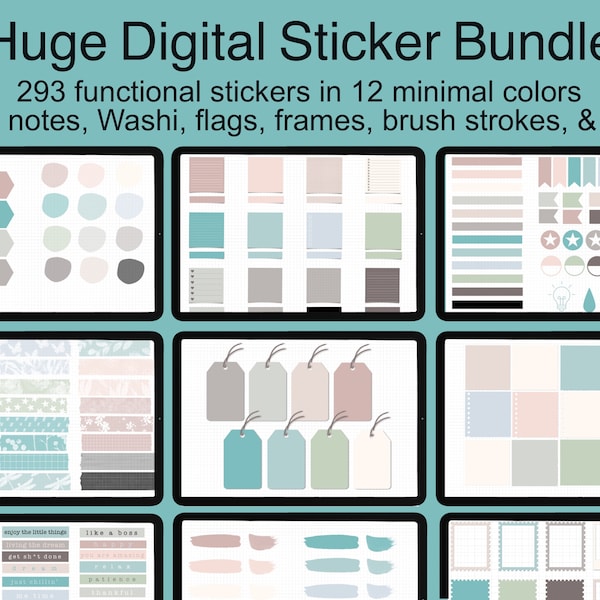 Minimal Digital Planner Bundle: Sticky Notes, Washi, Polaroid, Brush Strokes, Borders, Frames, Tags, Ripped Paper, and More | Goodnotes PNG