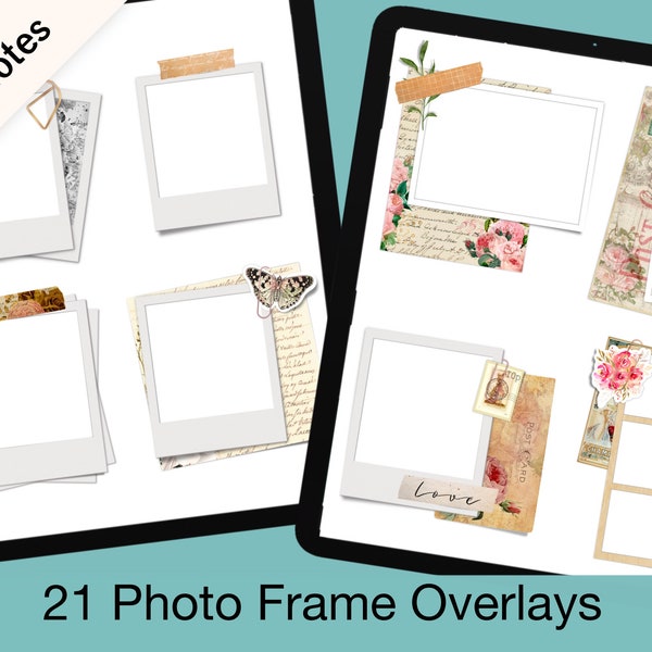 Digital Photo Frame Overlay Stickers - 21 Realistic Layered Frames With Vintage Ephemera and Clips - Pre-Cropped Goodnotes and PNG Files