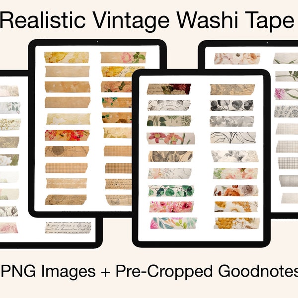 Digitales Washi Journal Dekor - 76 realistische Vintage Washi Tapes - Vorgeschnittene Goodnotes und PNG Dateien