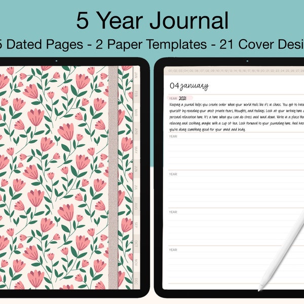 Journal numérique de 5 ans - 365 pages datées liées - iPad, Goodnotes, Notability et toute application PDF