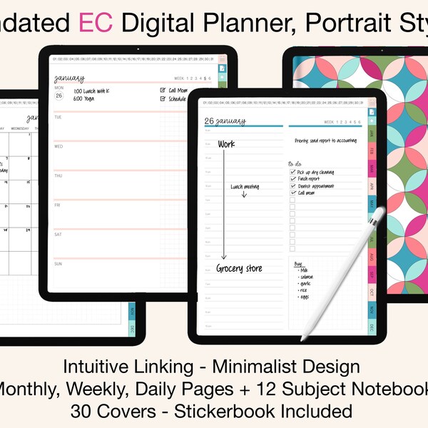 EC Undated Digital Planner | Linked Daily, Weekly, Monthly Pages + 12 Subject Notebook - Portrait Style |  Goodnotes, iPad, Notability, Etc.