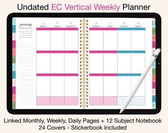 Undated Digital Planner EC | Linked Vertical Weekly, Monthly, Daily |  Goodnotes, iPad, Notability, etc - Happy Colors