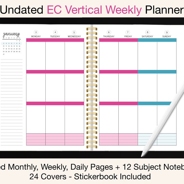 Undated Digital Planner EC | Linked Vertical Weekly, Monthly, Daily |  Goodnotes, iPad, Notability, etc - Happy Colors