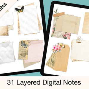 Digital Layered Notes Journal Decor - 31 Realistic Notes With Vintage Ephemera and Clips - Pre-Cropped Goodnotes and PNG Files