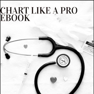 Könnte beinhalten: Ein schwarzes Stethoskop mit weißer Membran und silbernen Schläuchen, zusammen mit einer Spritze, Handschuhen und herzförmigen Dekorationen. Der Text "CHART LIKE A PRO EBOOK" steht oben. Das Bild ist in Schwarzweiß.