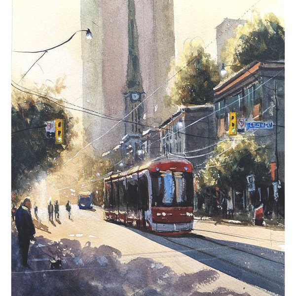 Toronto Early Morning Painting // Fine Art Print of Painting by Toronto Artist Dinesh // Toronto Downtown // Early Morning // Streetcar