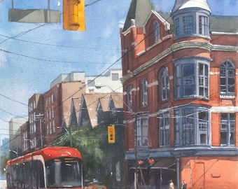 Toronto Art Print, Cityscape Art, Toronto Streetcars, Toronto Art Print, Hand Drawn Art, Hand Painted Watercolor, Queen Street Toronto