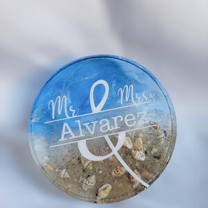 Personalized Resin Ocean Wave Coaster with sand and seashells | Custom Mr & Mrs Wedding Gift | Bridal Shower of Housewarming Decor