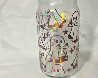 Ghost beer can glass; ghost middle finger; Halloween