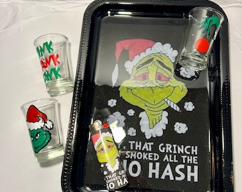 Grinch; rolling tray with lighter and shotglasses; Christmas tray; funny rolling tray; gift for him; gift for her; gag gift ; personalized