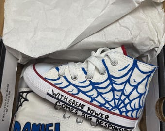 Custom Spider-Themed Kids Shoes | Hand Painted High Tops | Personalized name sneakers | Birthday Shoes | First day of school shoes