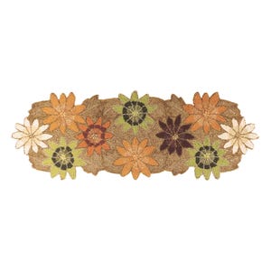May include: A beaded table runner with a floral design. The runner has a brown background with colourful beaded flowers in shades of orange, green, brown, and cream. The flowers are arranged symmetrically.
