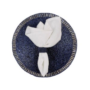 Handmade Beaded Placemat, Round Embroidered Glam Crystal Tablemat in Luster Blue, Wedding Dining Table Decor, Set of 2 - 14 Inch