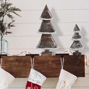 Wooden Christmas Tree, Alpine Wood Natural Table Filler with White Beads, Rustic Holiday Table Decor, Winter Mantel Decor - Set of 2