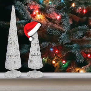 Christmas Tree, Enchanted Holiday Tabletop Decor, Beaded Cone Tree with Stand, Sparkling Xmas Decoration in White - Set of 2