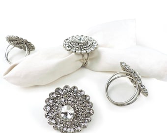 Set of 4 Jeweled Napkin Rings: Silver Table Decor