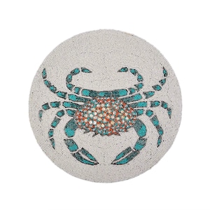Handmade Beaded Placemat, Embroidered Stay Salty Summer Tablemat, Coastal Tabletop Decor in Cream and Teal, Set of 2 - 15 Inch