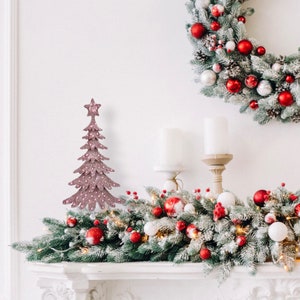 Christmas Tree Holiday Table Decor, Hand Beaded Dickens Holiday Tablescape with Silver Metal Stand, Mantel Xmas Decor - Pink