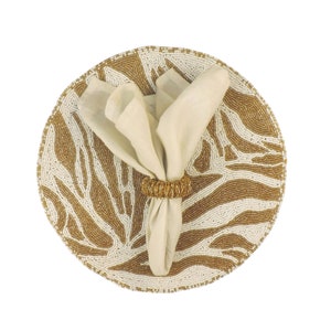 Handmade Glass Beaded Placemat, Round Embroidered Modern Camo Tablemat in Gold and Cream, Set of 2 - 14 Inch
