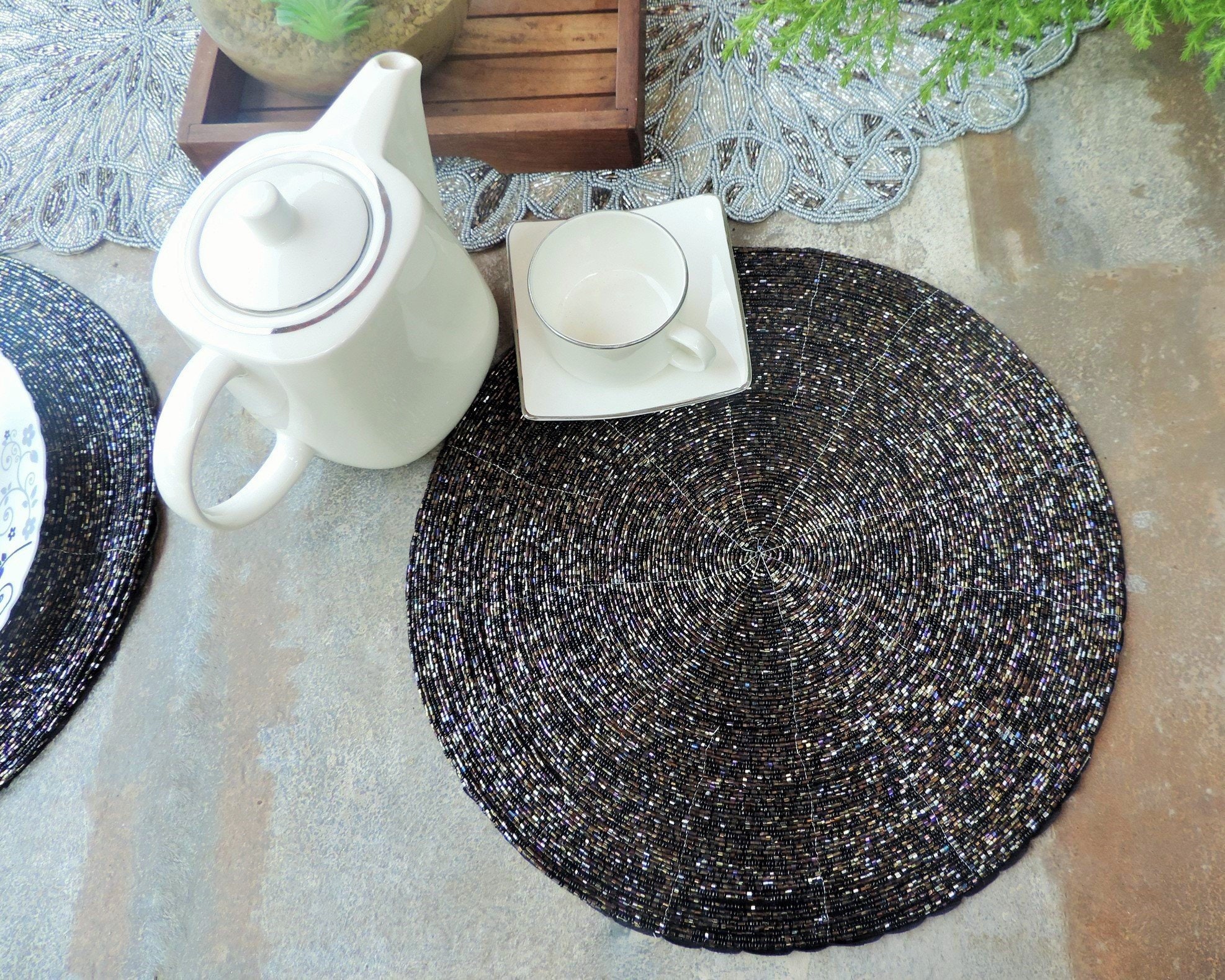 Black & Gold Placemat Round Table Placemats Glass Beaded Etsy