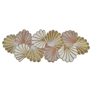 Handmade Beaded Table Runner, Embroidered Clam Casino Summer Runner, Coastal Tabletop Decor in Gold - 36x13.75 Inch