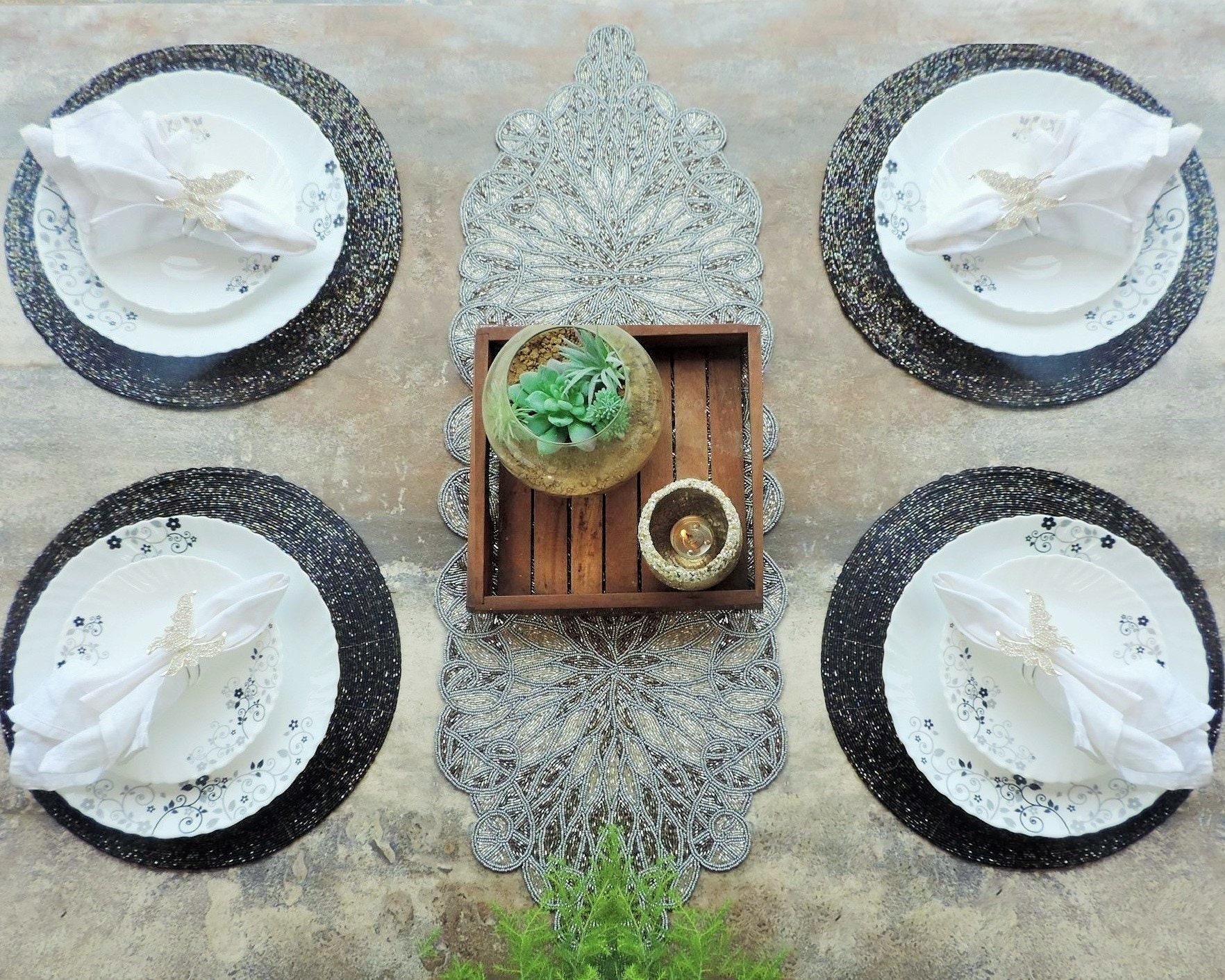 Black & Gold Placemat Round Table Placemats Glass Beaded Etsy