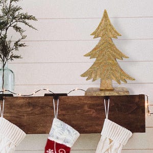 Handmade Wooden Christmas Tree, Tannenbaum Gold Wood Beaded Table Filler, Rustic Tabletop Holiday Decor, Winter Mantel Decor - Set of 2