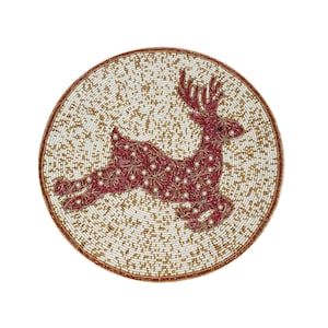 Christmas Beaded Placemat, Round Embroidered Be A Deer Tablemat for Dining Table, Tabletop Decor in Cream and Red - Set of 2