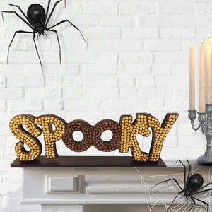SPOOKY Wood Standing Sign, Beaded Halloween Mantel Decor, Dining Table Filler, Spooky Decoration - Natural