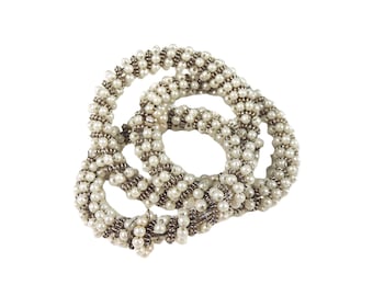 Handmade Roped Pearl Napkin Rings (Set of 4): White & Silver Table Decor