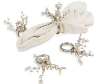 Beaded Napkin Rings Set: Grey Willow Bud Table Decor
