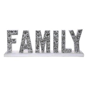 FAMILY Wood Standing Sign, Mantel Decor, Thanksgiving Tabletop Decor, Christmas Centerpiece, Housewarming Gift - Silver and White