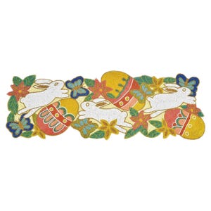 May include: A beaded table runner with a colourful Easter theme. It features white bunnies, colourful eggs, and green leaves.