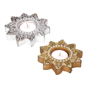 Handmade Candle Tea Light Holder, Beaded Shing Sol Wooden Candle Holder, Home Decor, Gift Idea, Set of 2 - White and Gold