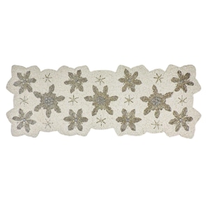 Christmas Beaded Table Runner, Embroidered Let It Snow Runner for Dining Table, Winter Tabletop Decor in White and Silver - 36x13 Inch