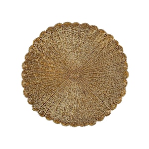 Handmade Beaded Placemat, Embroidered Scalloped Coastal Tablemat, Summer Tabletop Decor in Gold - Set of 2