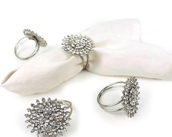 Set of 4 Jeweled Napkin Rings: Silver Glass Bead Table Decor