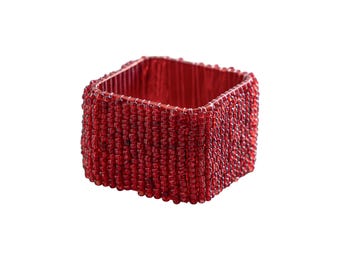Set of 4 Hand Beaded Napkin Rings in Red, Classic Square Wedding Napkin Holders, Dining Table Decor, Thanksgiving and Christmas Gift